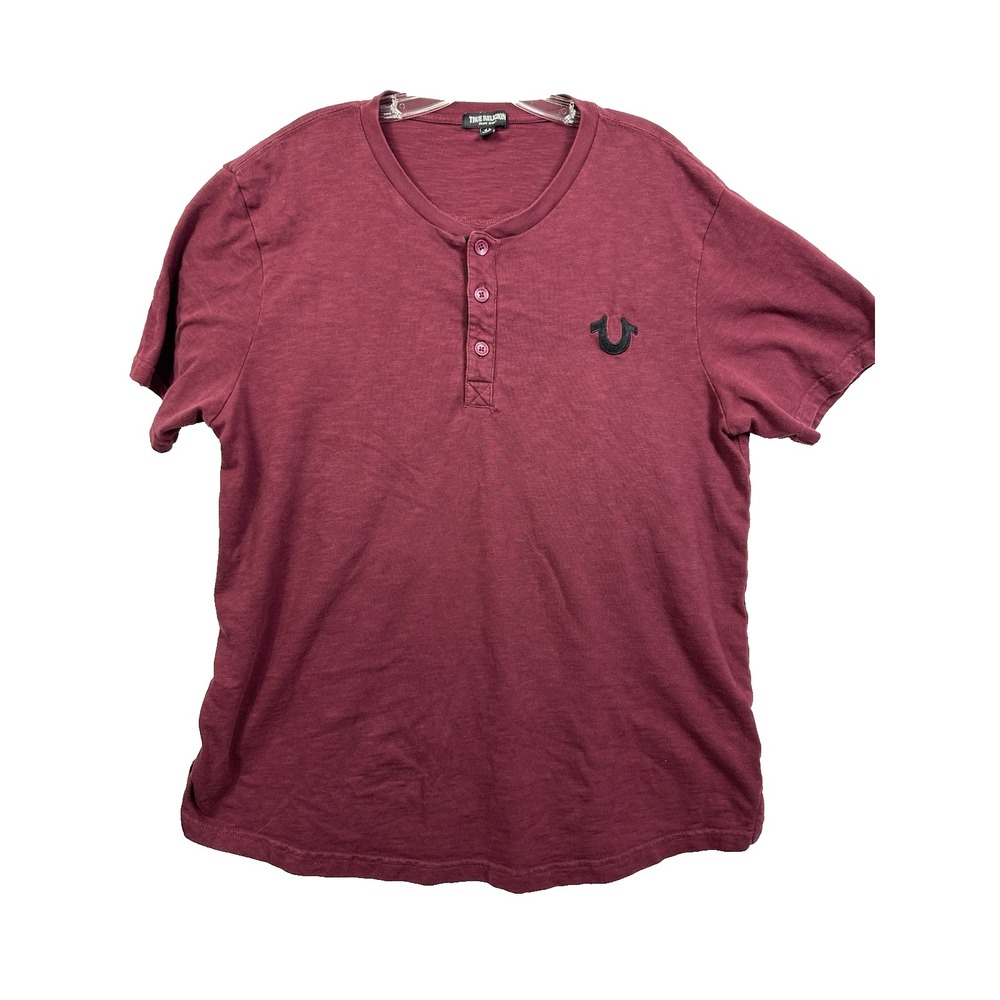 True Religion Mens 2XL Henley Shirt Burgundy Slub Knit Horseshoe Logo Maroon XXL